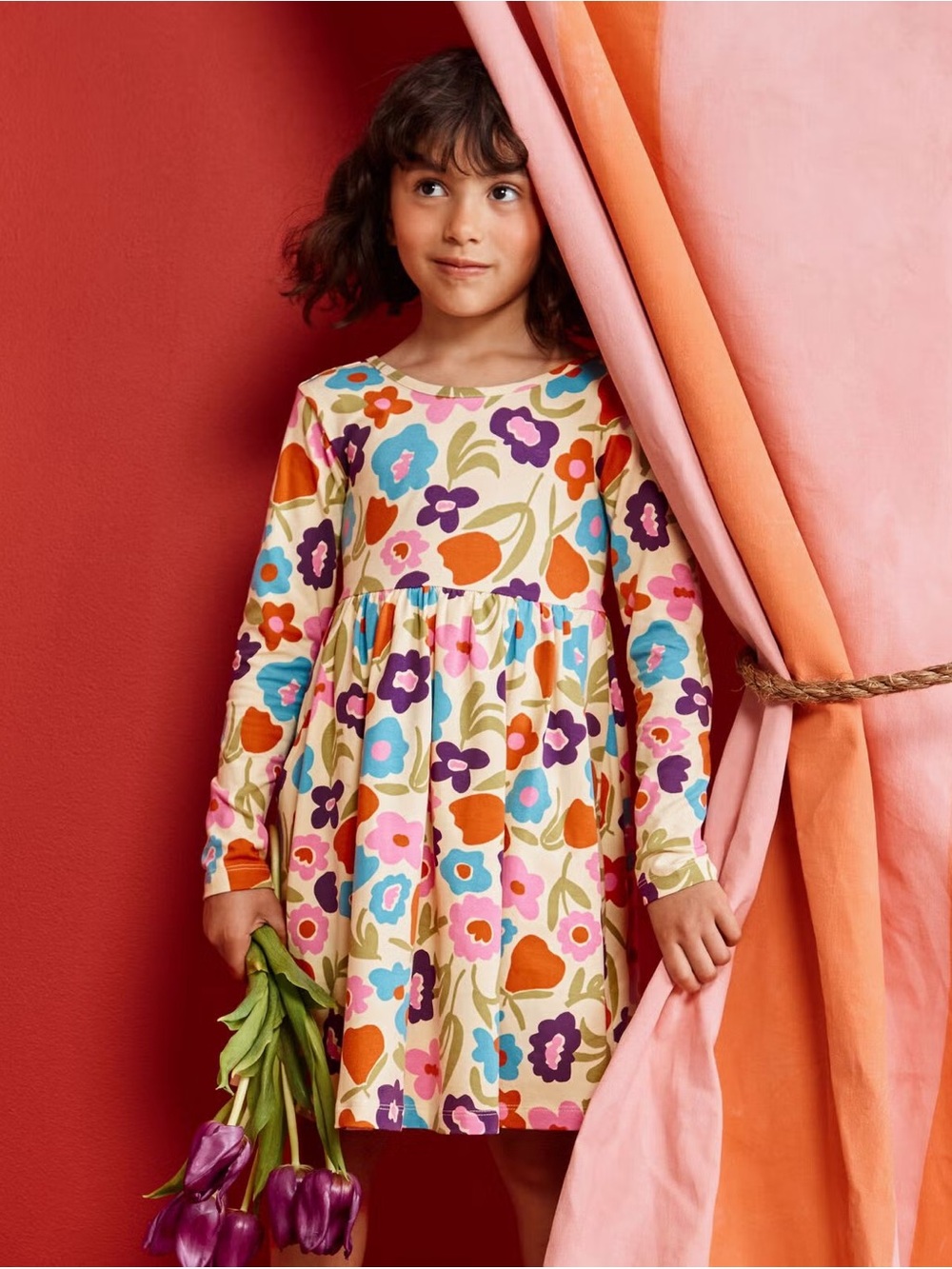 Girls' Floral Long-Sleeve Twirl Dress - Cream Multi - Picture 3 of 4
